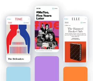 Mobile screens displaying covers of TIME, Fortune, and ELLE magazines, emphasizing the rich, licensed content available through our digital partner services.
