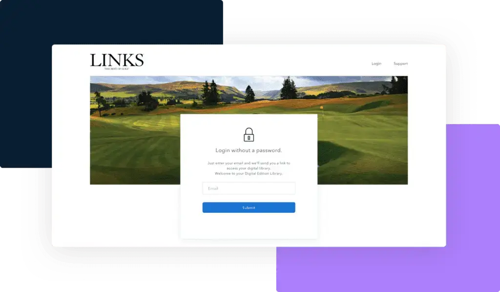 A serene golf course view with a login prompt for LINKS Magazine, highlighting exclusive golf content access.