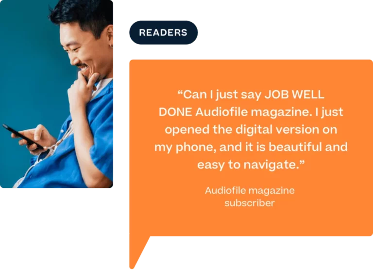 Contented reader appreciating the digital version of "Audiofile" magazine, exemplifying our platform's commitment to optimizing content for readers.
