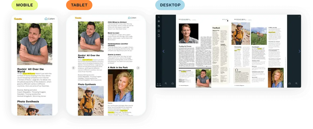 Side-by-side display of a magazine article on mobile, tablet, and desktop, demonstrating a responsive reader for publishers.
