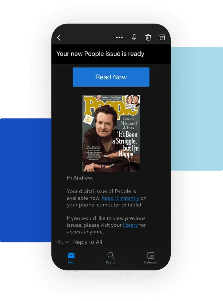 An email notification on a mobile phone screen displaying the latest issue of People magazine, with a 'Read Now' button, provided by eMagazines.