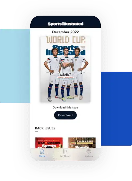 Mobile screen displaying a Sports Illustrated digital magazine issue for December 2022, emphasizing a download-free, mobile-optimized reading experience available directly in a web browser, with an option for app integration.