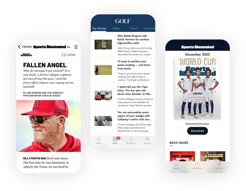 Mobile screens displaying a Sports Illustrated article, a collection of Golf magazine articles, and a Sports Illustrated digital magazine issue for December 2022, emphasizing a download-free, mobile-optimized reading experience available directly in a web browser, with an option for app integration.